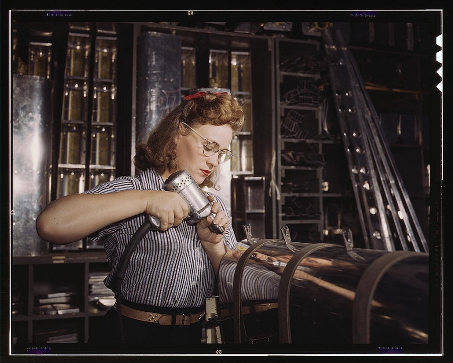 Palmer, Alfred T.,, photographer.</p><br /><br /><br />
<p>Operating a hand drill at North American Aviation, Inc., [a] woman is working in the control surface department assembling a section of the leading edge for the horizontal stabilizer of a plane, Inglewood, Calif....