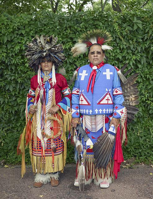 Rick Medina, right, a Yaqui Apache whose tribe is centered in Arizona, and his son, Miles Medina. They were among the participants at a Colorado Springs Native American Inter Tribal Powwow and festival in that central Colorado city