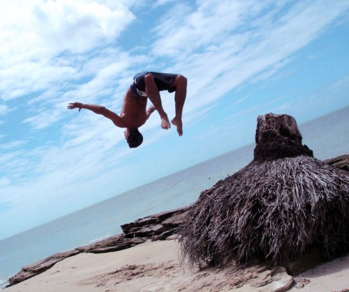 Beach of maria flour. Paulista. Janga. Pernambuco.<br /><br /><br /><br />
Artur jumping.  