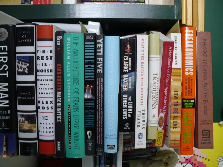 My summer reading pile. From top to bottom: &quot;Rhode Island Notebook&quot; - Gabe Gudding &quot;Freakonomics&quot; - Steven Levitt and Stephen Dubner &quot;How to be Alone&quot; - Jonathan Frazen &quot;A Handbook of ...